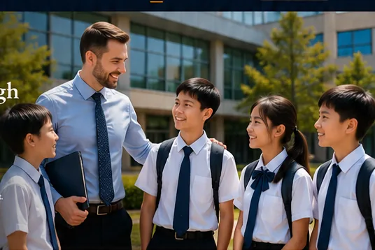 A happy native English-speaking teacher standing outside a modern school with smiling Chinese students