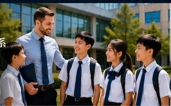 一位英语母语教师站在现代化学校门前，与微笑的中国学生互动