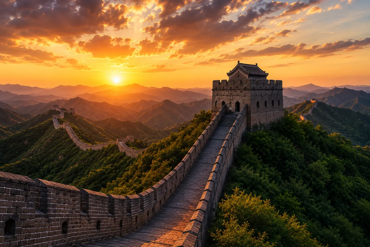 The Great Wall of China winding across forested mountains at sunset