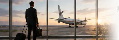 A traveller waiting at an international airport gate