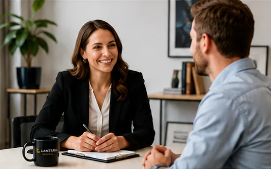 A recruitment consultant speaking warmly with a teacher in a modern office