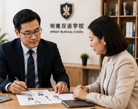 一位学校负责人与招聘顾问查看候选人资料