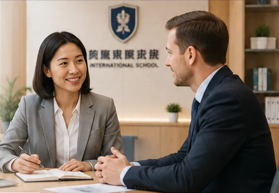 一位学校负责人与招聘顾问在现代化学校办公室交流