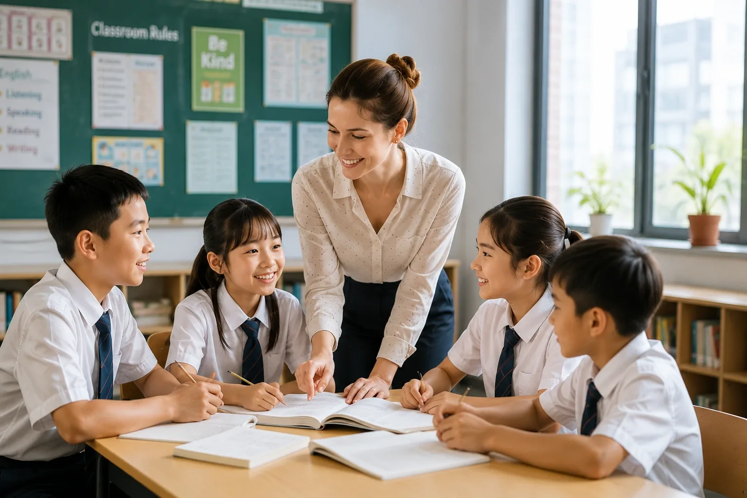 A native English-speaking teacher smiling and working with a group of Chinese primary school students in a bright classroom