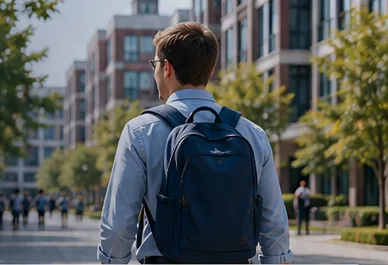 A teacher walking through a modern Chinese school campus with a backpack