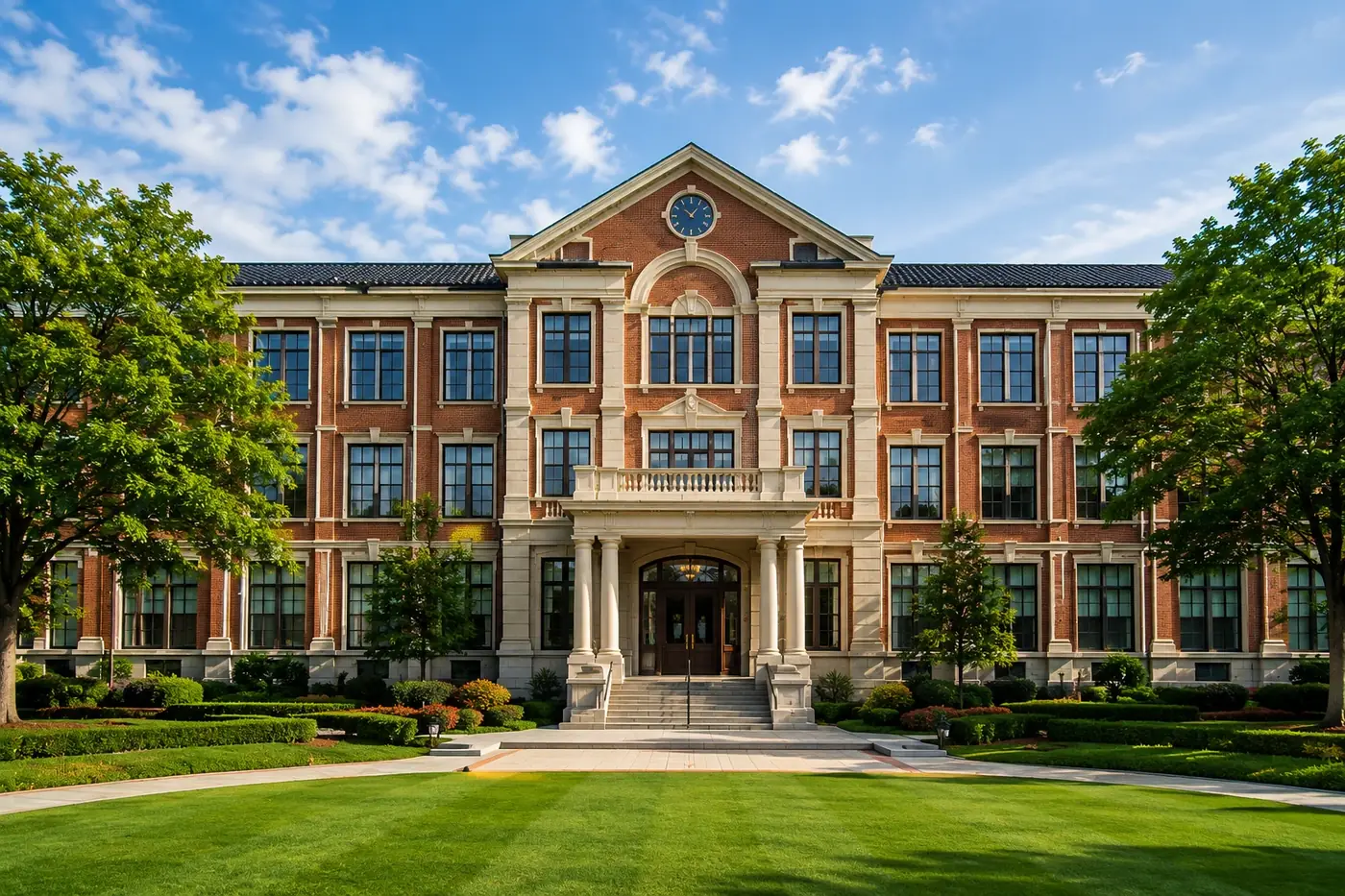 A premium partner school campus with traditional architecture, green lawns, and blue sky