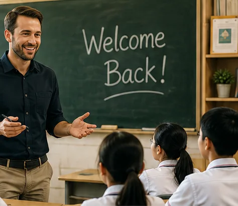 A teacher standing in front of a classroom blackboard with Welcome Back written in chalk