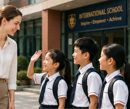 A native English-speaking teacher arriving at a modern international school, warmly greeted by smiling students
